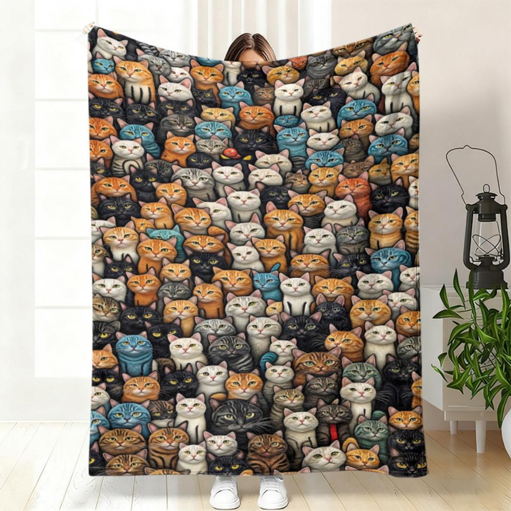 Cartoon Grid Collage Cat Portrait Throw Blanket,Bedroom Daily Relax Birthday Anniversary Pet Household Blessing Token