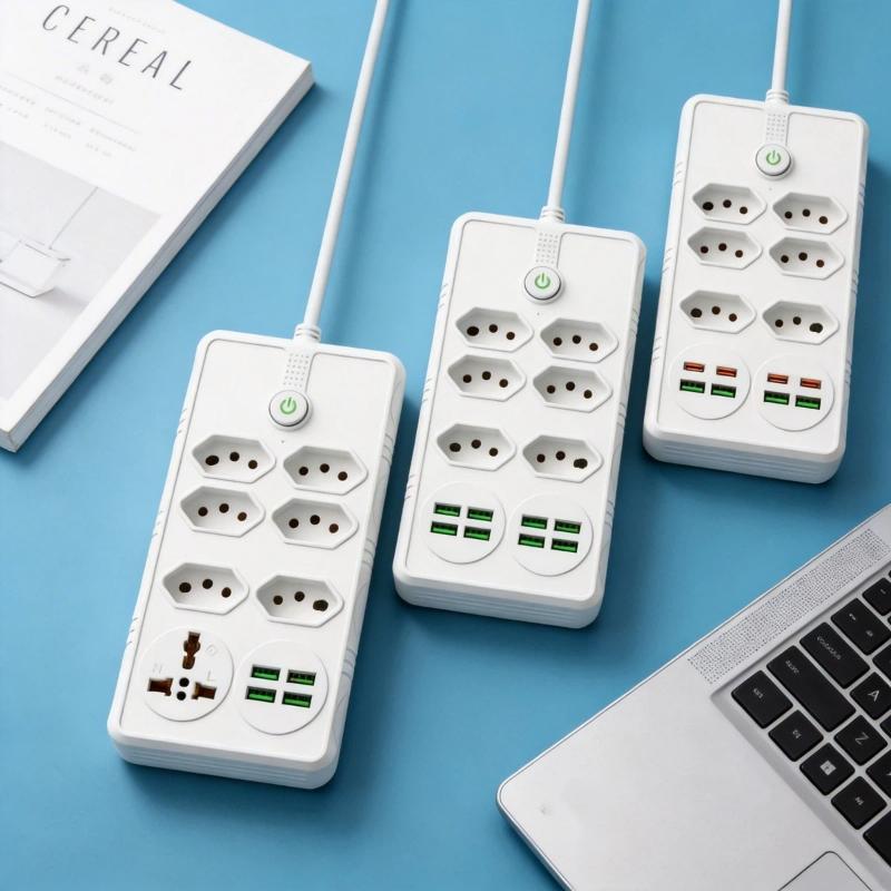 Wall Mount Power Extension Socket with USB Fast Charging Line Filter Voltage Regulator 6 Outlets 4 USB Ports 2M Cord for Workshop Use
