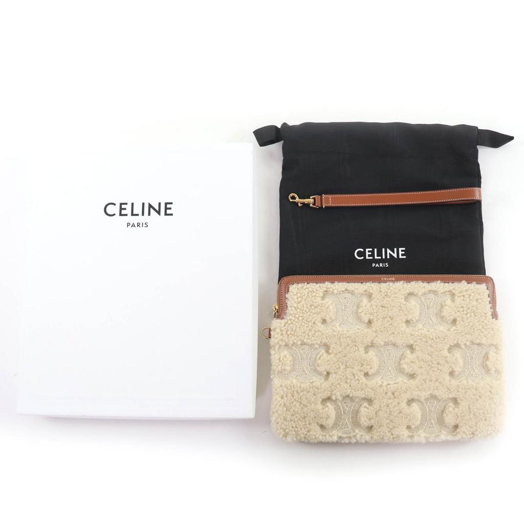 Pristine CELINE Clutch bag SMALL POUCH WITH STRAP shearling leather 10J503FJ4 Used