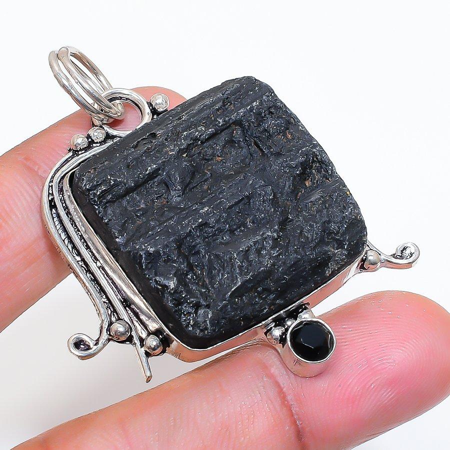 Natural Black Tourmaline, Spinel 925 Sterling Silver Jewelry Pendant 2.09" ZS-699