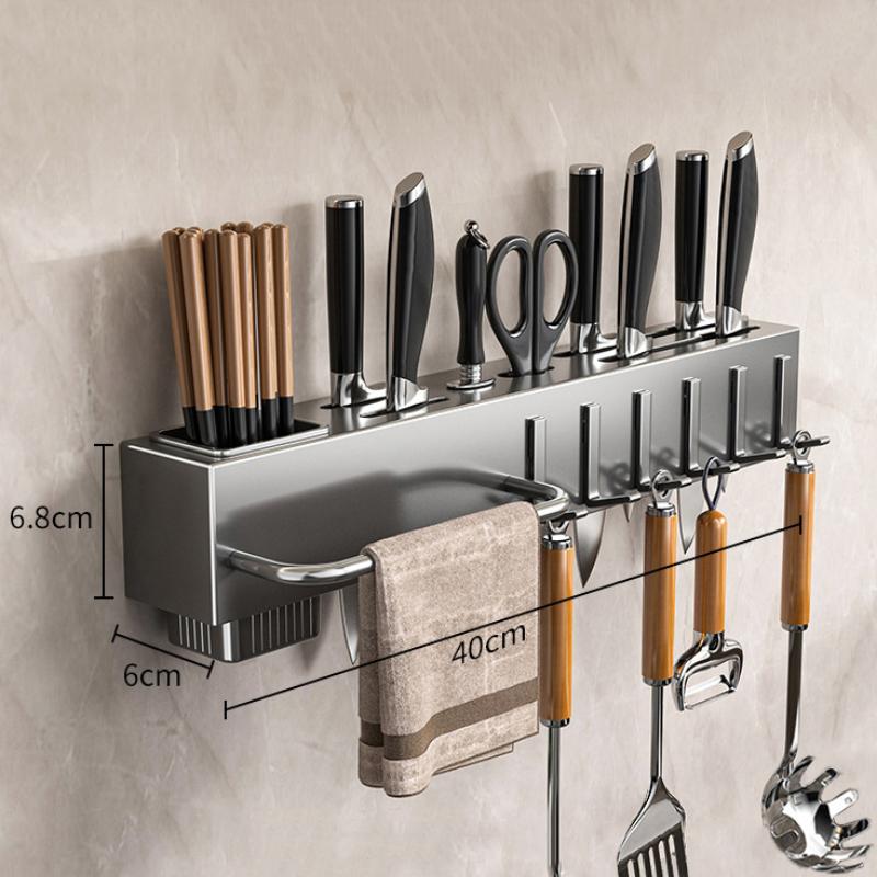 

Wall Mounted Kitchen Knife Storage Rack With Pot Lid Holder And Cutting Board Organizer Integrated Household Utensil Storage 40cm