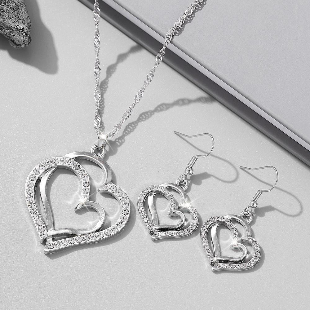 1 Pair Of Earrings + 1 Necklace French Romantic Style Jewelry Set Sparkling Heart Design Silvery Or Golden Make Your Call Gift F