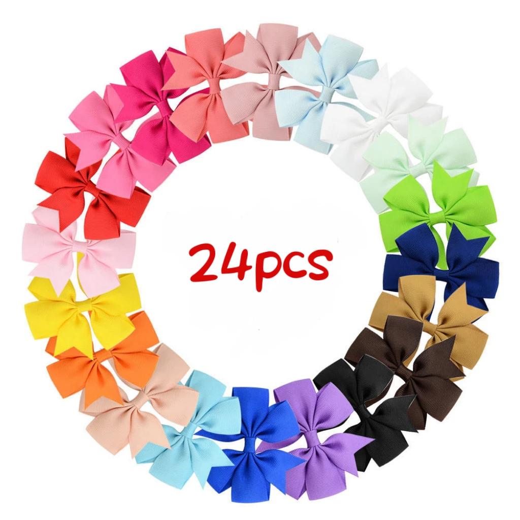 24pcs/Set Solid Grosgrain Ribbon Hair Clips for Girls Hair Bows Hairpins 3 To14 Age Children Handmade Hairgrips Hair Accessories