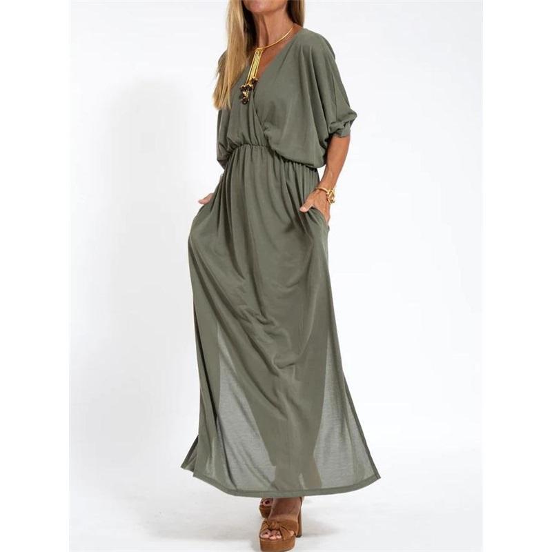 European And American Summer New Products Solid Color High-waist Split V-neck Dress Loose Casual Waist Belt Ice Silk Long Skirt