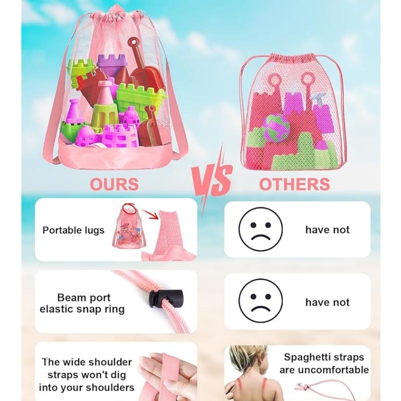 Mesh Drawstring Beach Toy Bag Sand Resistant Kids Backpack Portable Shell Collecting Pouch for Sandbox Seashell & Beach Travel