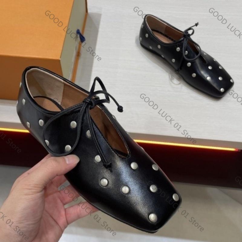 Fashion Ins style Rivet Soft Leather Women Ballet Flats Fashion Square toe Hollow out Lace-up Walking Loafers Casual Lazy Dance Shoes