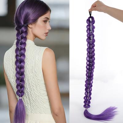 Perucă împletită sintetică LUPU de 32 inch, de culoare mov, cu bandă elastică și codiță cu șuvițe colorate strălucitoare, potrivită pentru coafura fetelor