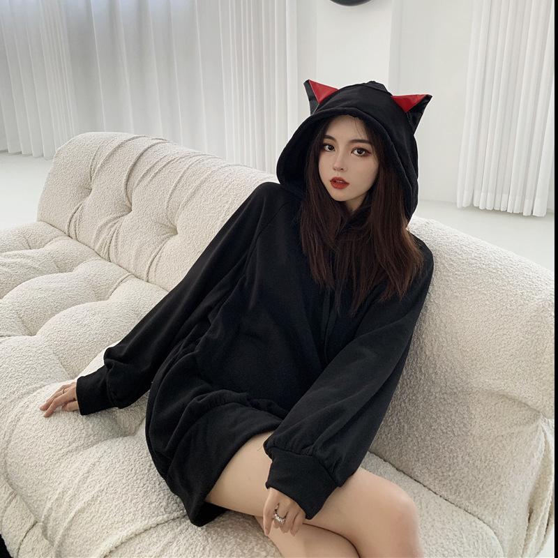 Women's Black Mid-Length Plus Velvet Hooded Sweatshirt: Loose Lazy Style, Thickened for 2025 Autumn/Winter.