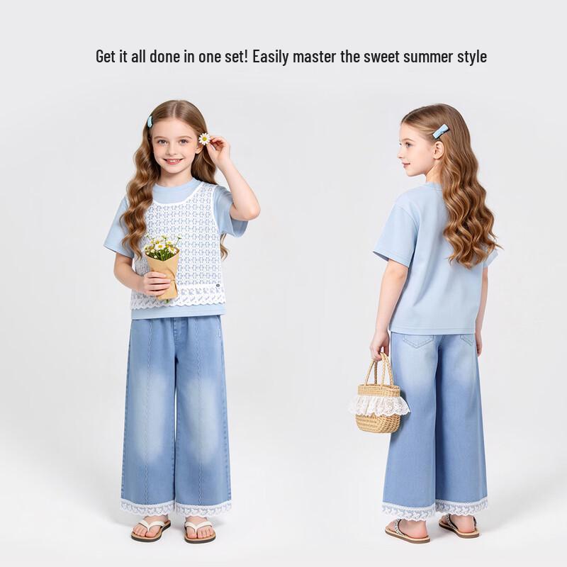 Disney Girls' Faux 2-Piece Lace Top & Denim Pants Set