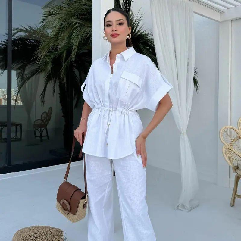 Summer Western Style Fashion Casual Set Women's Overalls Wind Drawstring Pocket Two-piece Set Women clothes Casual Suit
