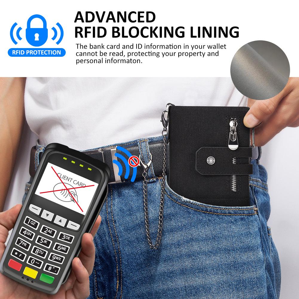 HUMERPAUL Men cowhide wallet Oxford cloth RFID anti-theft credit card bag coin purse with chain wallet with photo window