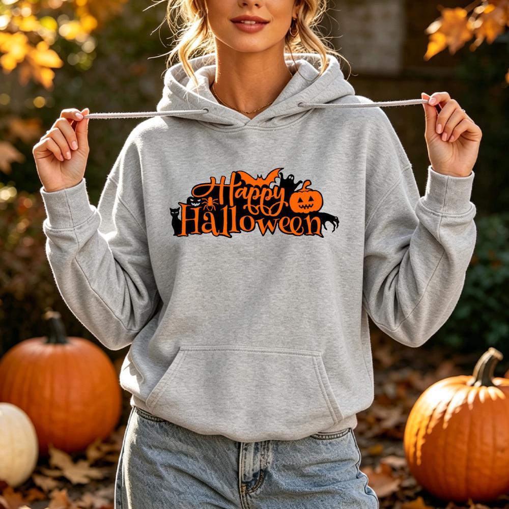 Felice Halloween Felpa con Stampa di Lettere Donna Felpa con Grafica di Zucca e Pipistrello Stagione Spettrale Manica Lunga Tasca Felpa con Cappuccio Top Casual