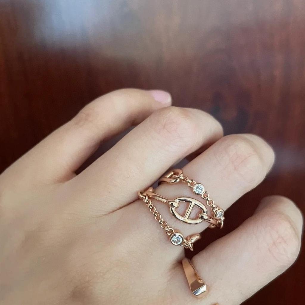 Schweinenasen-Kettengliedring Damen V Vergoldet 18k Roségold mit Diamanten Ring Diamantring