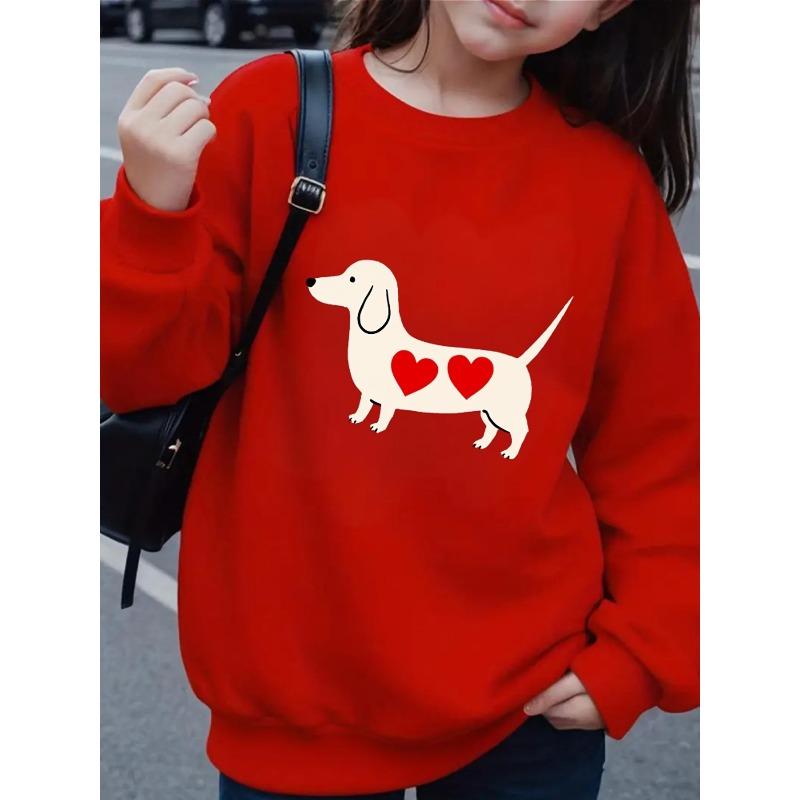 European Sizes Kids' Crewneck Sweatshirt - Dachshund with Two Red Hearts , Sportswear And Casual Wear, Soft And Comfortable, Children's Clothing
