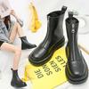 Women's Front Zipper Fashion Boots Round Head Square Heel Waterproof Platform Womens Shoes Retro Middle Follow Solid Color 2024