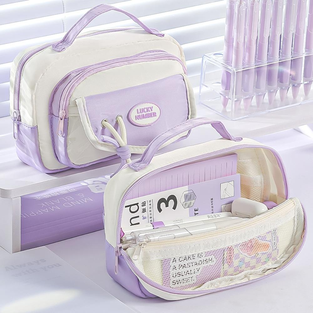 Multi-functional Color-blocking Pencil Case Multi-layer Large Capacity Pen Bag Handheld Stationery Pouch Gift