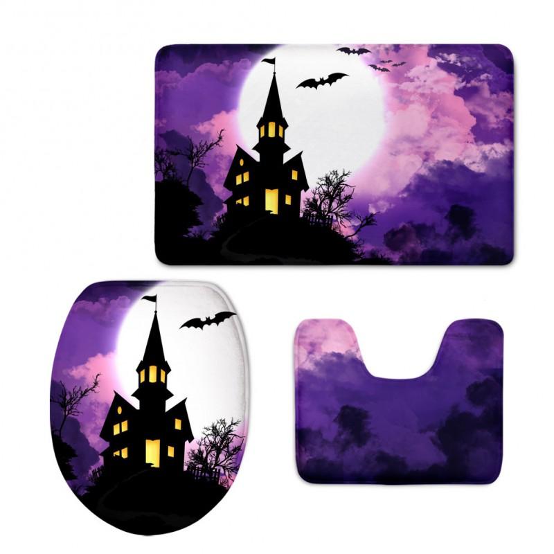 Halloween Witch Toilet Seat Cover Set 3pcs Non-Slip Plush Bathroom Mat Pumpkin Theme