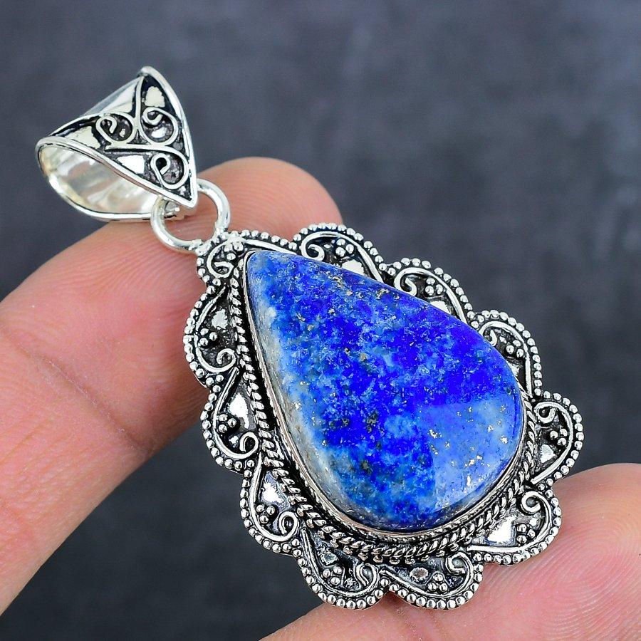 Natural Lapis Lazuli Gemstone 925 Sterling Silver Jewelry Pendant 2.21" T1c57