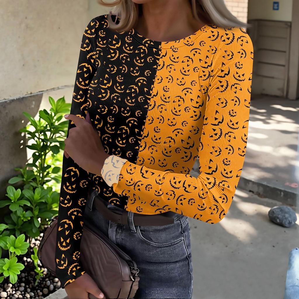 Women Casual Long Sleeve Ribbed Knit Top Crew Neck Halloween Print Slim Fit Stretchy Pullover Shirt for Fall and Winter