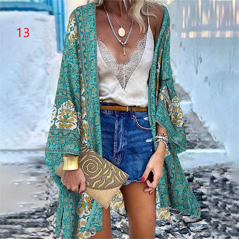 Summer Bohemian Casual Cloak Cardigan for Swimsuit Woman Beach Swimwear Tops Long Sleeved Shawl Chiffon Shirt