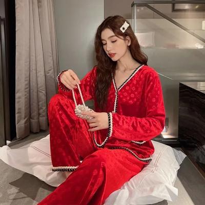 Frühlings- und Herbst-Goldvelours-Pyjamas für Damen Winter Langarm-Hauskleidung und Outdoor-Anzüge