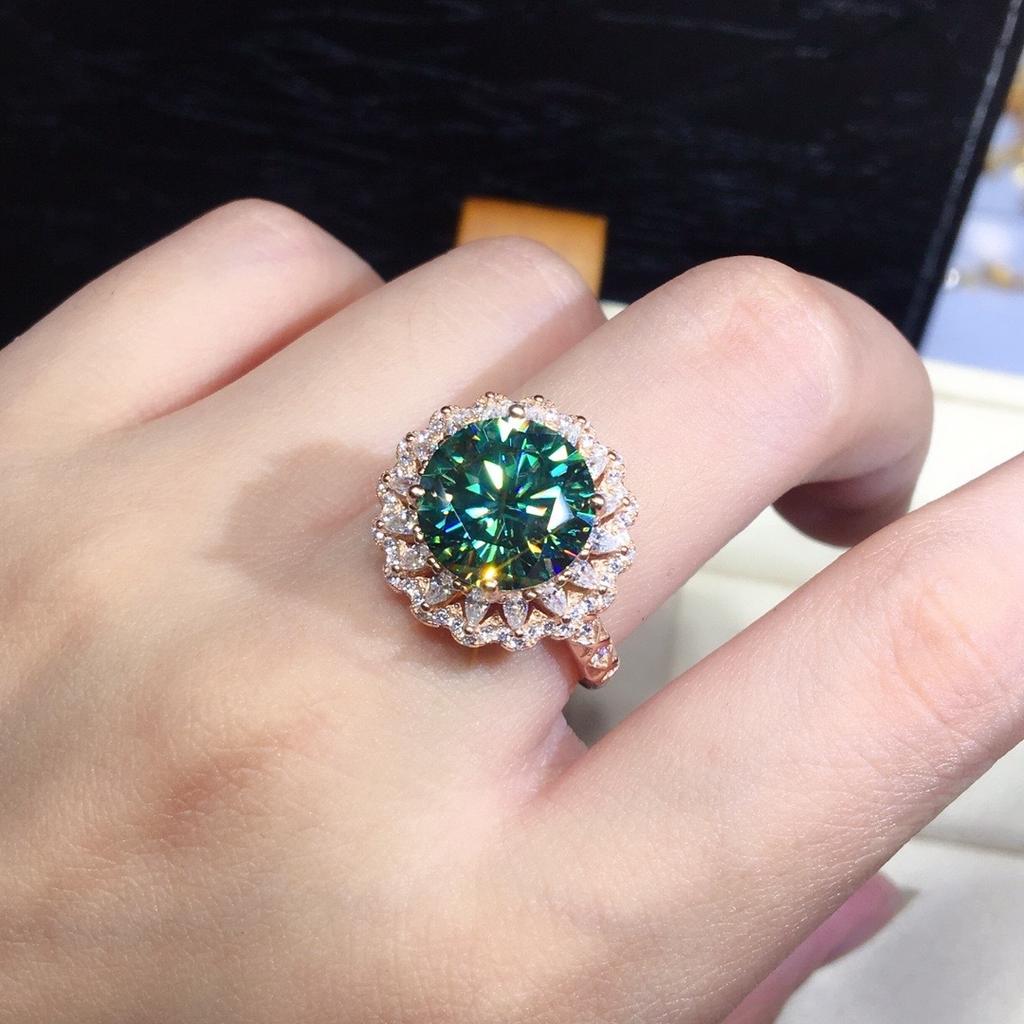 Set With Imitation Maldives Blue-Green Mozzarella Diamond Ring, Fire-Colored Sparkling Luxury Open Ring