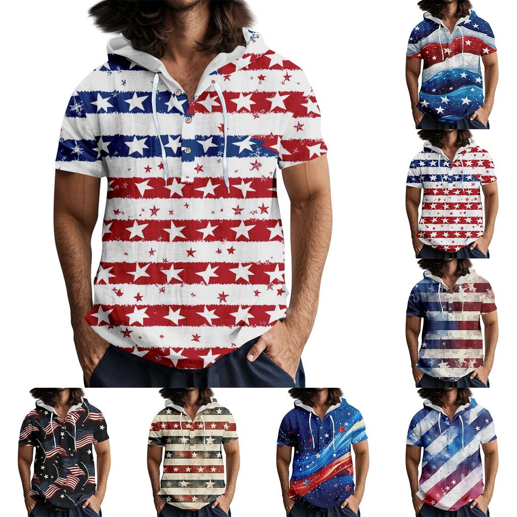 Men'S Casual Short Sleeved Hooded Top Buttoned Open Neck T-Shirt