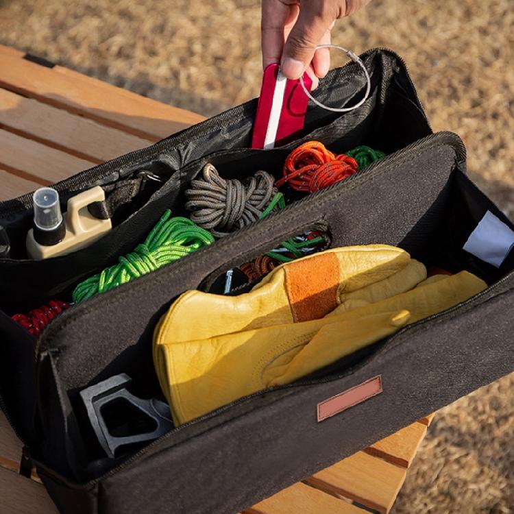 Camping Accessory Storage Bag with Double Zippered Divider Layout and Handle for Tent Stakes Cord and Small Tool