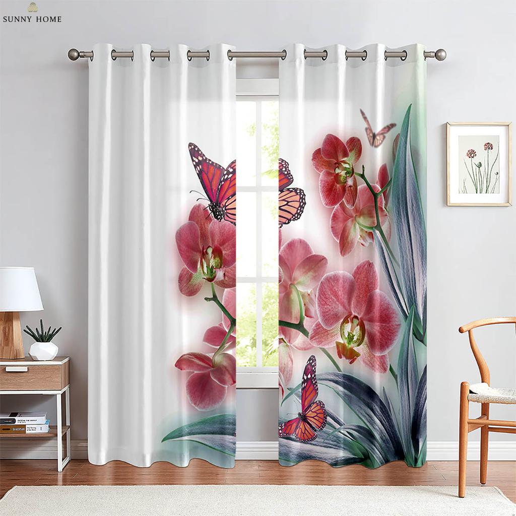 Window Curtains Floral Butterfly Print Curtains Pastoral Style Bedroom Living Room Kitchen Decorative Curtains 2 Pieces