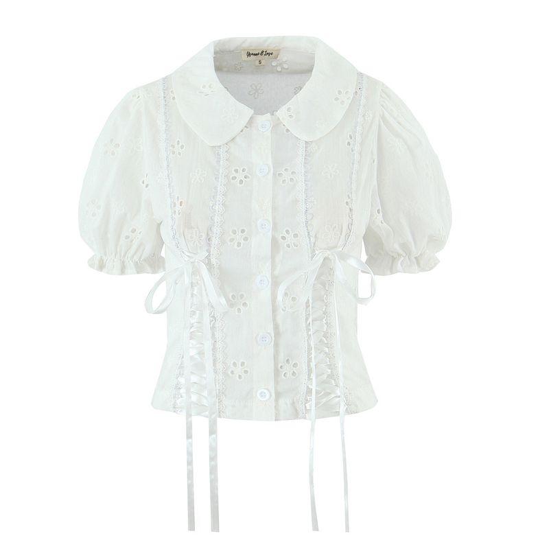 

Zbzr Spring New Women clothes Western Style Sweet Hollow Embroidered Lace-up Doll Collar Puff sleeve All-Matching Top White L