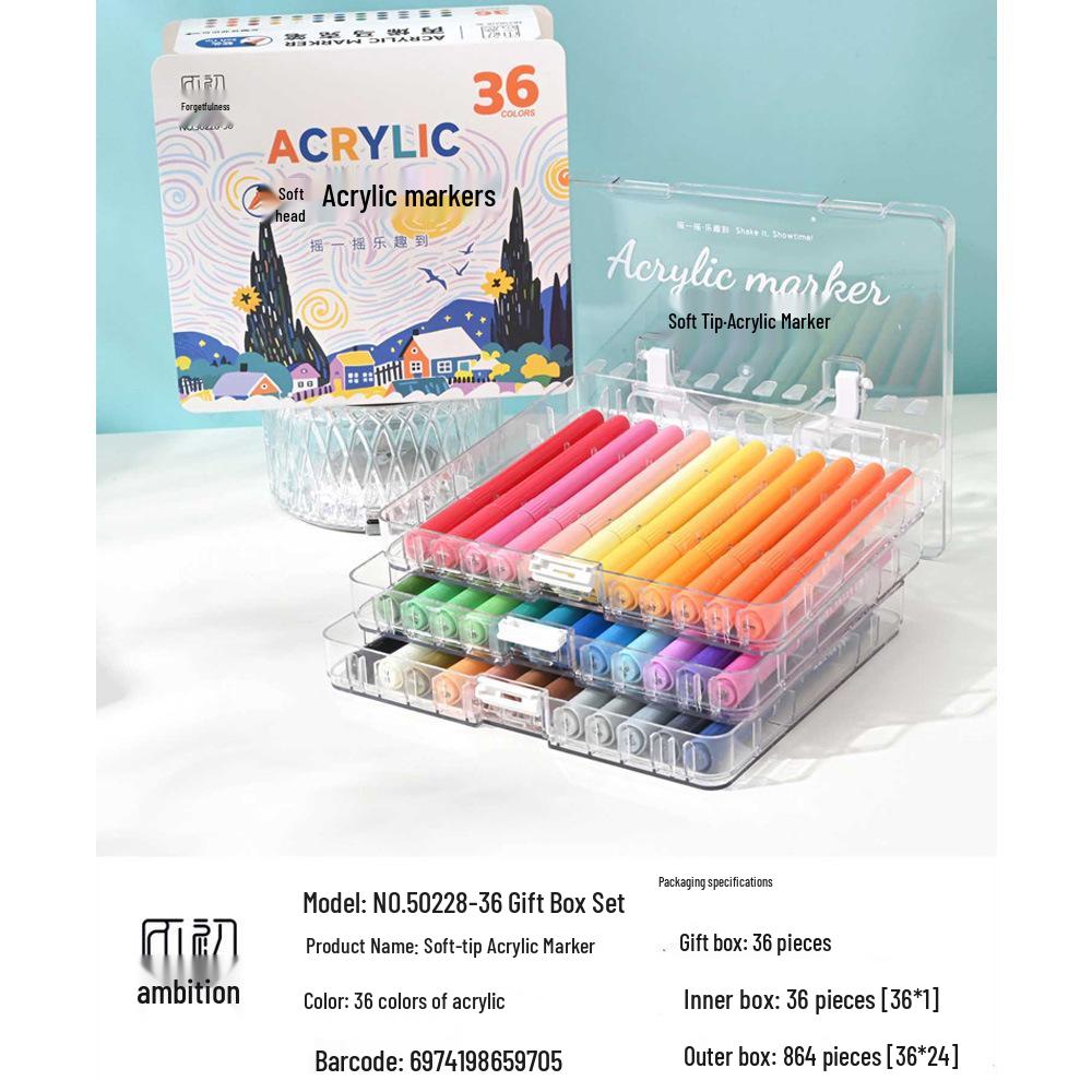 72-Color Soft Tip Acrylic Markers & Watercolor Pens for Primary Students