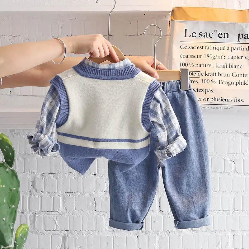 Boys Autumn Suit Handsome Baby Spring and Autumn Sweater Vest Three-piece Children's Suit Korean Version Loose and Comfortable Casual Suit