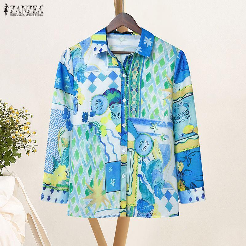 ZANZEA Camicie da Donna Casual con Collo a Revers, Manica Lunga, Bottoni Stampati, Vestibilità Larga