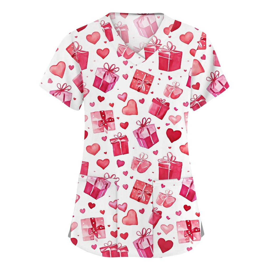 Abbigliamento da lavoro a maniche corte con scollo a V alla moda da donna con top stampati con tasche