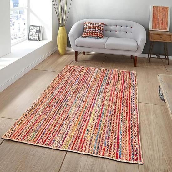 Aizza Trends Indian Handmade Braided Multi Cotton with Natural Jute Area Rug- Jute Rug- Dining Room- Living Room