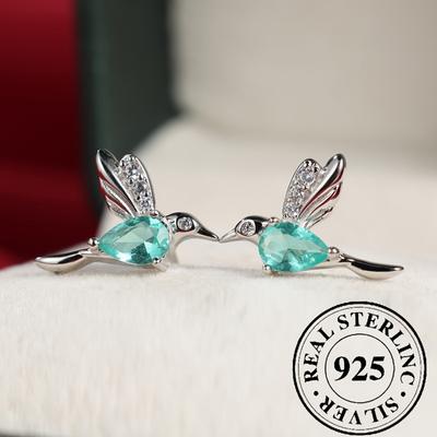 Delicate 925 Sterling Silver Mint Green Zircon Hummingbird Stud Earrings for Women Party Jewelry Gifts