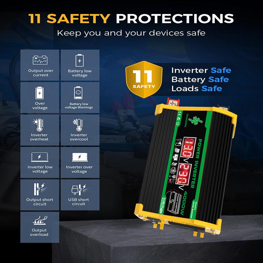 4000W DC 12V To AC 110V 220V Dual USB LCD Display Solar Inverters Portable Power Bank Car Converter Digital Power For Camping RV