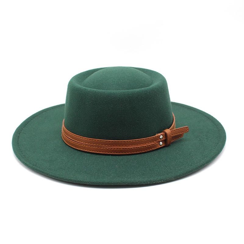French Double Belt Buckle White Woolen Hat Flat Top Top Hat Female British Retro Style Wide Brim Felt Hat