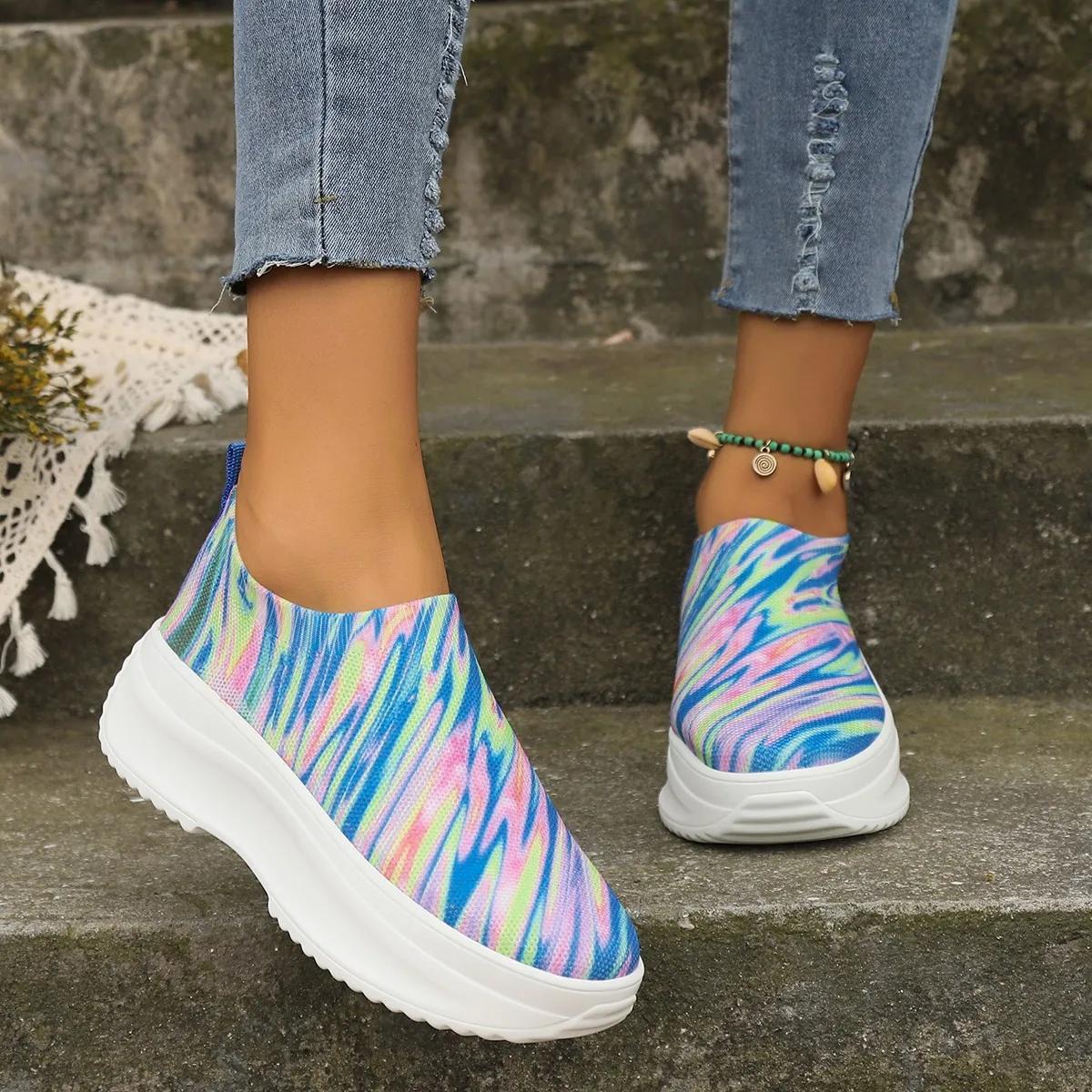 

Fashion 2025Women Shoes Comfort Printing Flats Shoes Women Mesh Knitted Breathable Casual Shoes Women Hollow Out Shoes Zapatos De Mujer 42 синий