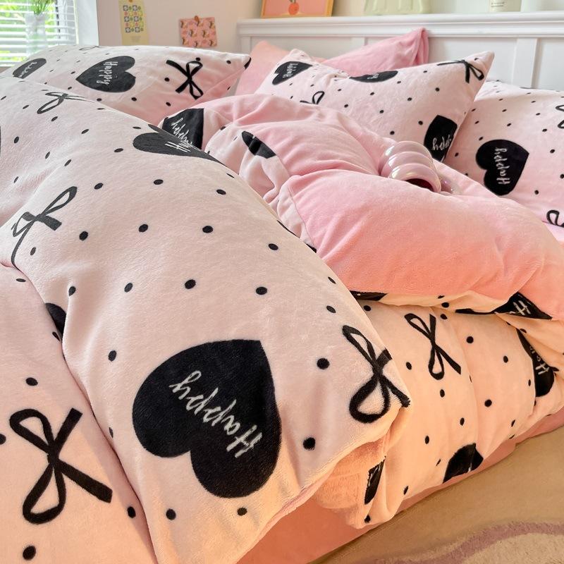 Thickened Milk Fleece Bed Four-Piece Coral Fleece Quilt Cover Double-Sided Flannel Fleece Bed Sheet Three-Piece Set