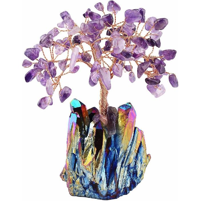 mookaitedecor Amethyst Crystal Tree, Quartz Cluster Rainbow Titanium Crystals Base Bonsai Money Tree for Wealth and Luck