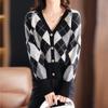 2025 Women's V-Neck Pure Wool Knit Cardigan – Autumn/Winter, Diamond Patchwork, Casual & Warm Sweater Coat