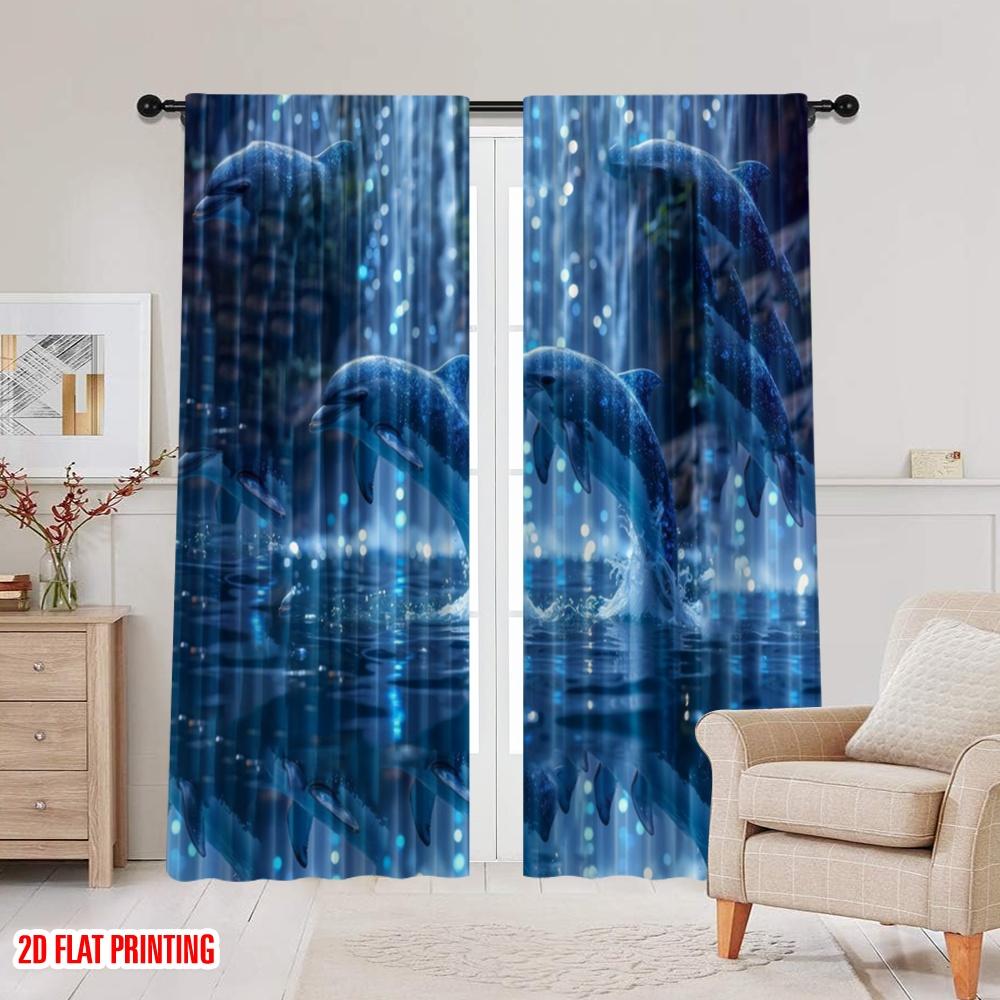 2pcs,2D Plane Printing Curtain Popular Dolphin Illusion Versatile Durable Polyester (without Rod) Decorations Outdoor Perfect