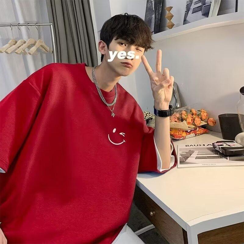 

Мужская модная футболка с круглым вырезом и короткими рукавами с принтом для лета, свободный повседневный топ 5XL вино красного