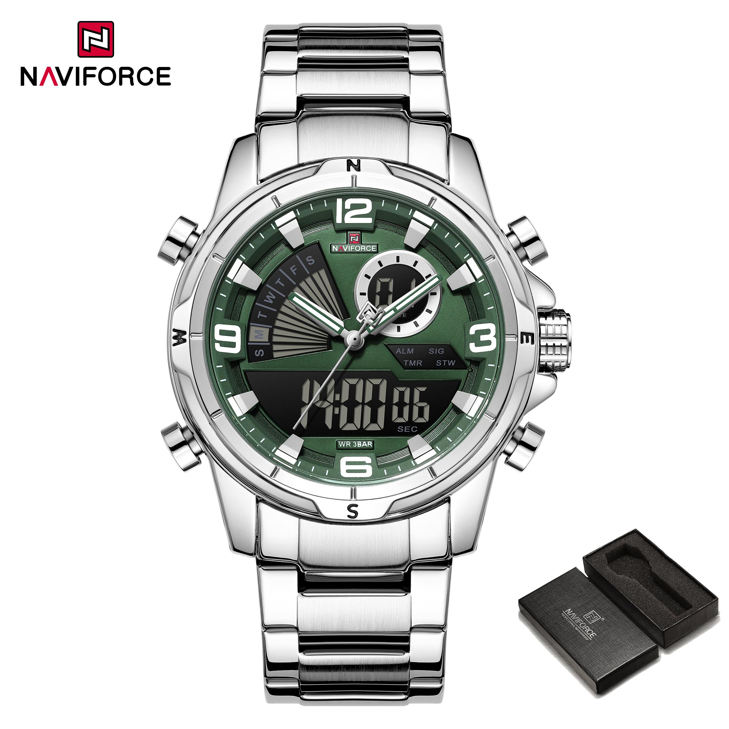 

NAVIFORCE Original Men Watch Quartz Pointer LCD Digital Display Stainless Steel Strap Luminous Pointer Men Outdoor Multifunctional Watch NF9257