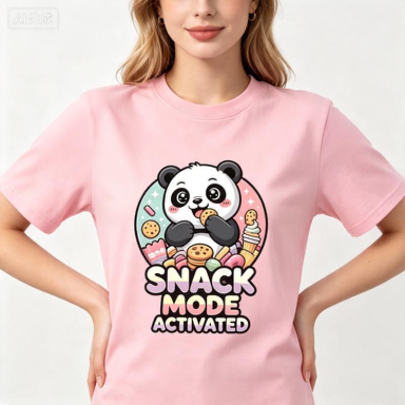 Kawaii Panda Unisex Cotton T Shirt Snack Mode Activated Cookie Dessert Graphic Foodie Lover Casual Crew Neck Tops