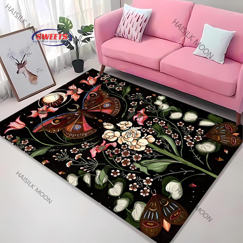 3D Himmlischer & Floraler Kunstbereichsteppich – Rutschfester Teppich für Schlafzimmer oder Wohnzimmer – Mond Sonne Blume Totem Bodenmatte, Heimdekor