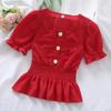 Ruffled Short-sleeve Shirt Nipped Waist Solid Pleated Button Down Top Female Chiffon Blouse Square Neck Chiffon Shirt