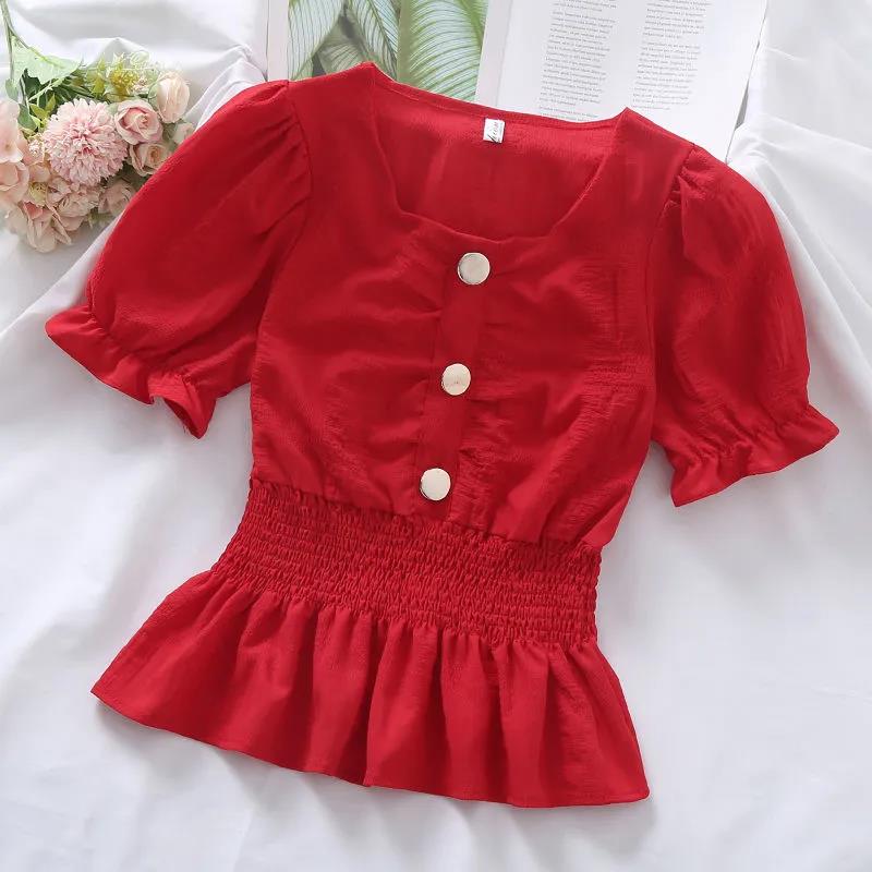 Ruffled Short-sleeve Shirt Nipped Waist Solid Pleated Button Down Top Female Chiffon Blouse Square Neck Chiffon Shirt