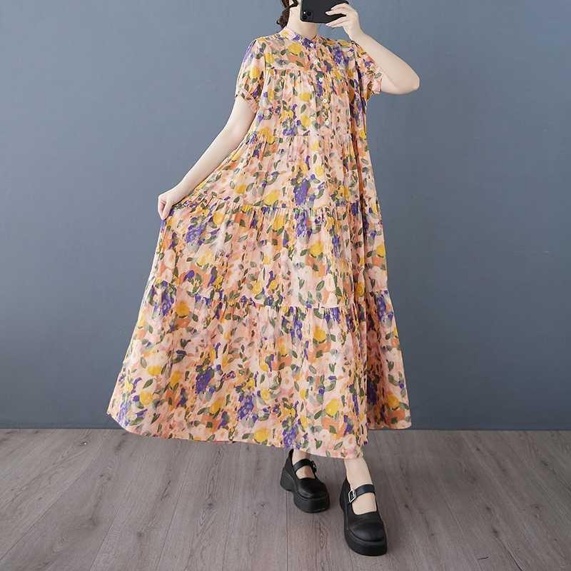 Cotton 2025 Summer Women's Loose Large Size Fashion Printed Long Dresses